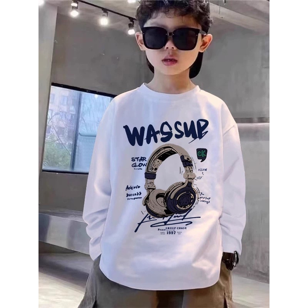 Crianças High street puro algodão manga comprida camiseta street Wear impresso em torno do pescoço médio grande crianças