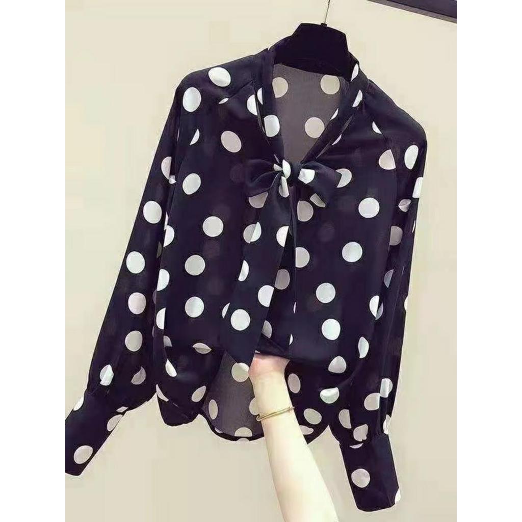 2026 primavera outono Popular menina bolinhas Chiffon camisa feminina de manga comprida estilo ocidental rendas estilo p