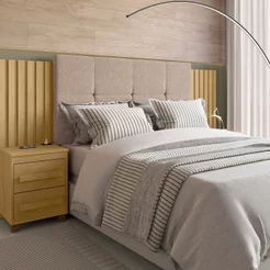 Cabeceira Estofada Extensível Casal/Queen/King com 2 Mesas de Apoio 4 Gavetas Suiça Bege Cinamomo