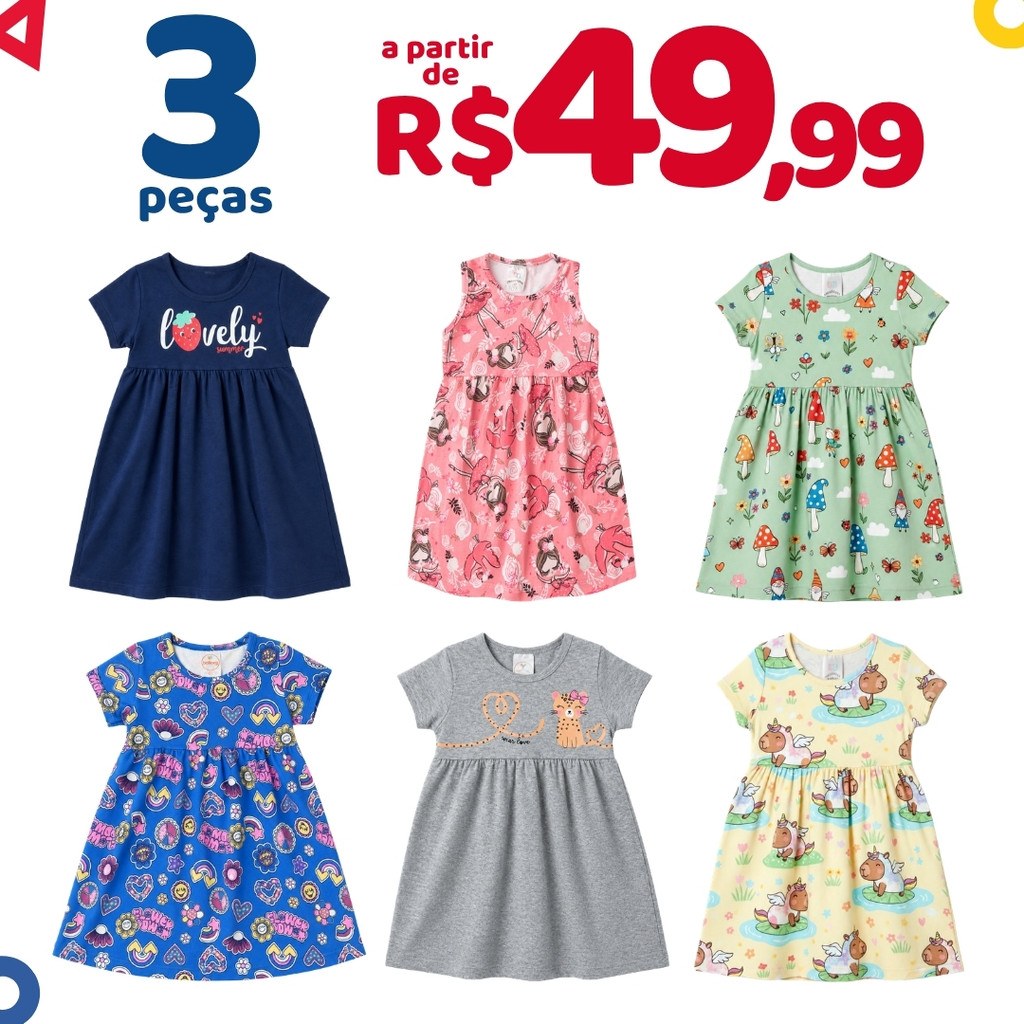 Kit 3 Peças Vestido Infantil Menina Feminino Verão 1 ao 8