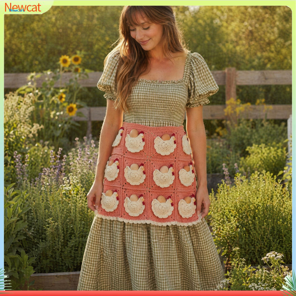 Hand-crocheted Apron Handmade Crochet Egg Collecting with Hen Pockets – Vintage Farmhouse Harvest Bag for Women Perfec