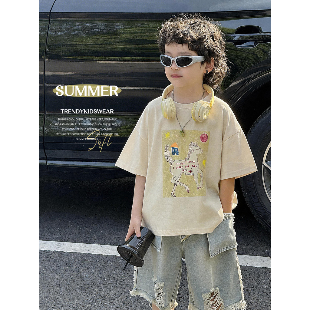 Meninos verão estilo coreano pônei impressão de manga curta camiseta crianças soltas roupas infantis All-Match algodão t
