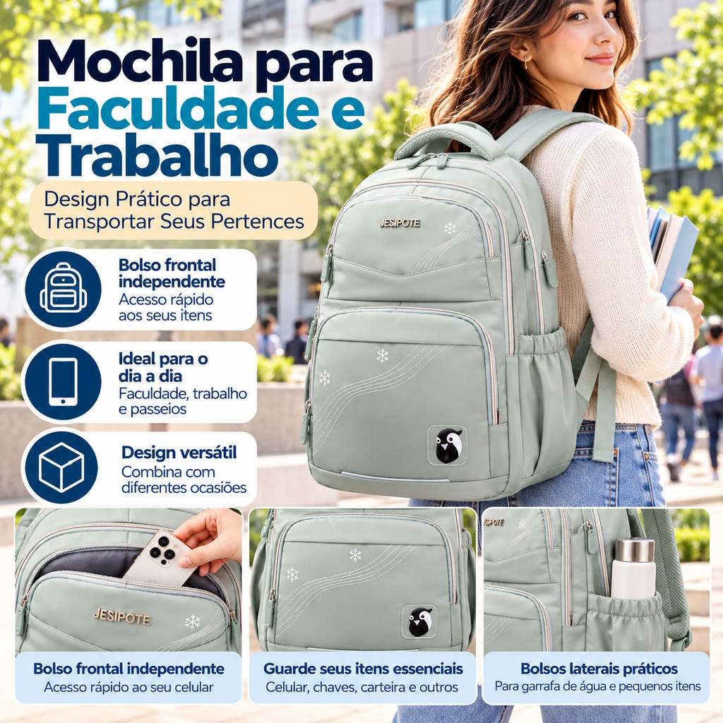 Mochila Escolar Feminina Resistente Bordado Decorativo Alças Acolchoadas Grande Capacidade Para Faculdade e Viagem