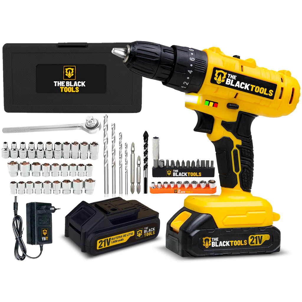 Furadeira Parafusadeira De Impacto 2 Baterias 21v 3/8 Com Jogo De Soquetes 40 Peças The Black Tools em Oferta na Shopee