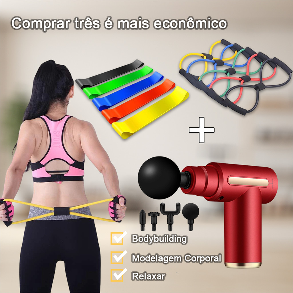 Kit Exercício + Alongamento | Massageador Elétrico Muscular Pistola Portátil Original c/ 6 Níveis e 4 Ponteiras