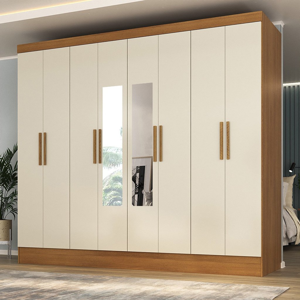 Guarda-roupa Casal 100% MDF com Espelho 8 Portas 4 Gavetas Jatobá Yescasa  Cinamomo/Off White em Oferta na Shopee