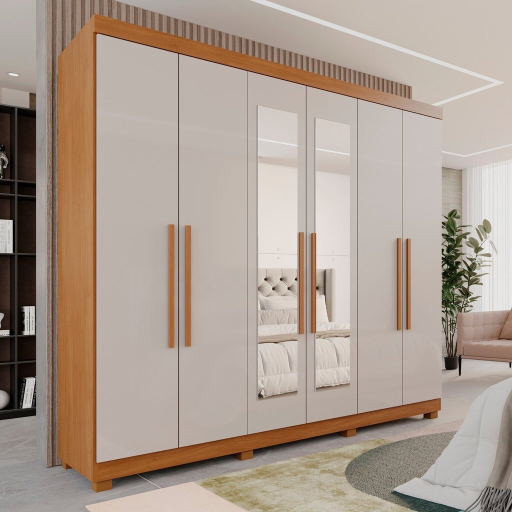 Guarda-Roupa Casal Casal 6 Portas 3 Gavetas com Espelho com Pés Roma Espresso Móveis Cinamomo/Off White em Oferta na Shopee