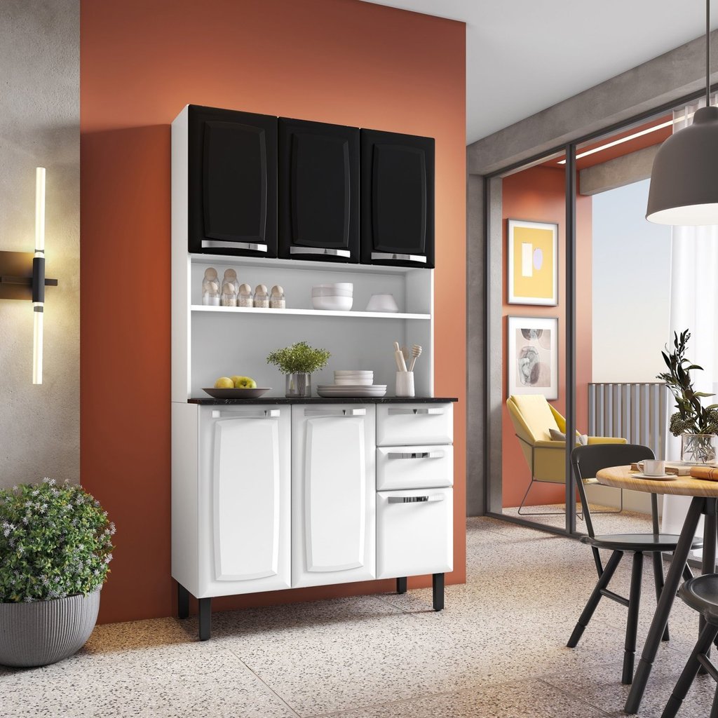 Cozinha Compacta em Aço 105cm 6 Portas 2 Gavetas Pratika Itatiaia Branco/Preto