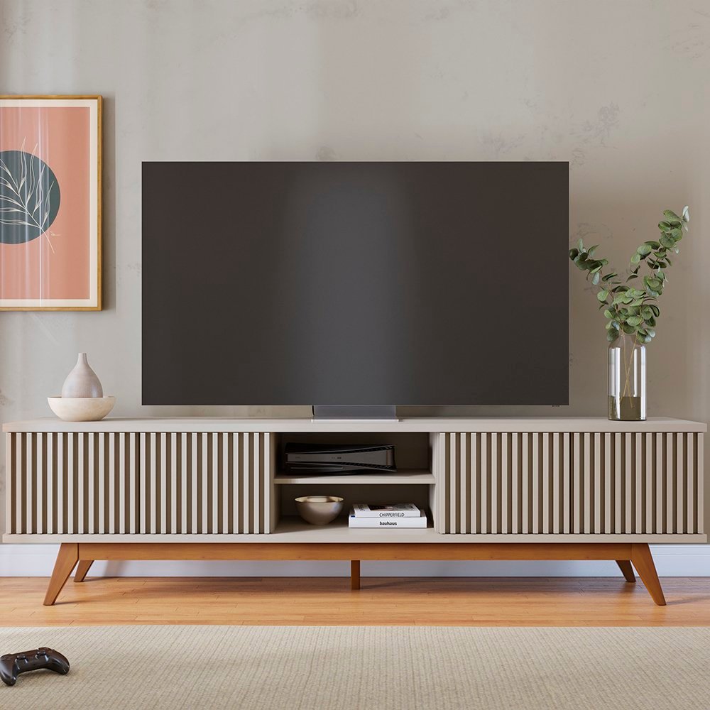 Rack para TV até 75 Polegadas com Ripado Pés em Madeira Maciça Maciça Fortaleza Off White Matte em Oferta na Shopee