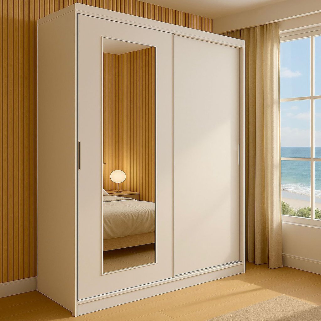 Guarda-roupa Solteiro 2 Portas de Correr 1 Espelho 1 Gaveta 6 Prateleiras 1 Cabideiro Palhoça Branco em Oferta na Shopee