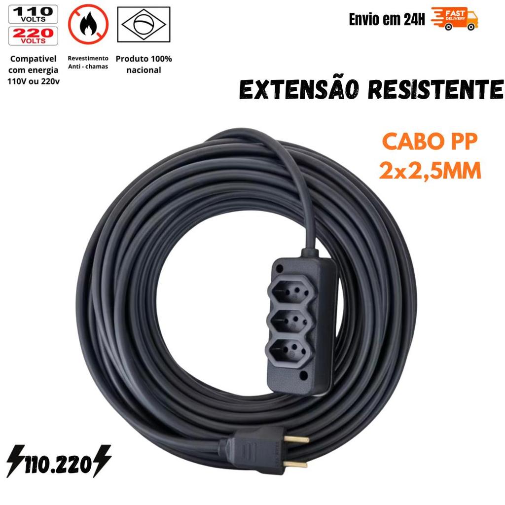 Extensão elétrica CABO PP  2X2,5MM - 10A/20A REFORÇADA - 2/3/5/10/15/20/25 (METROS)