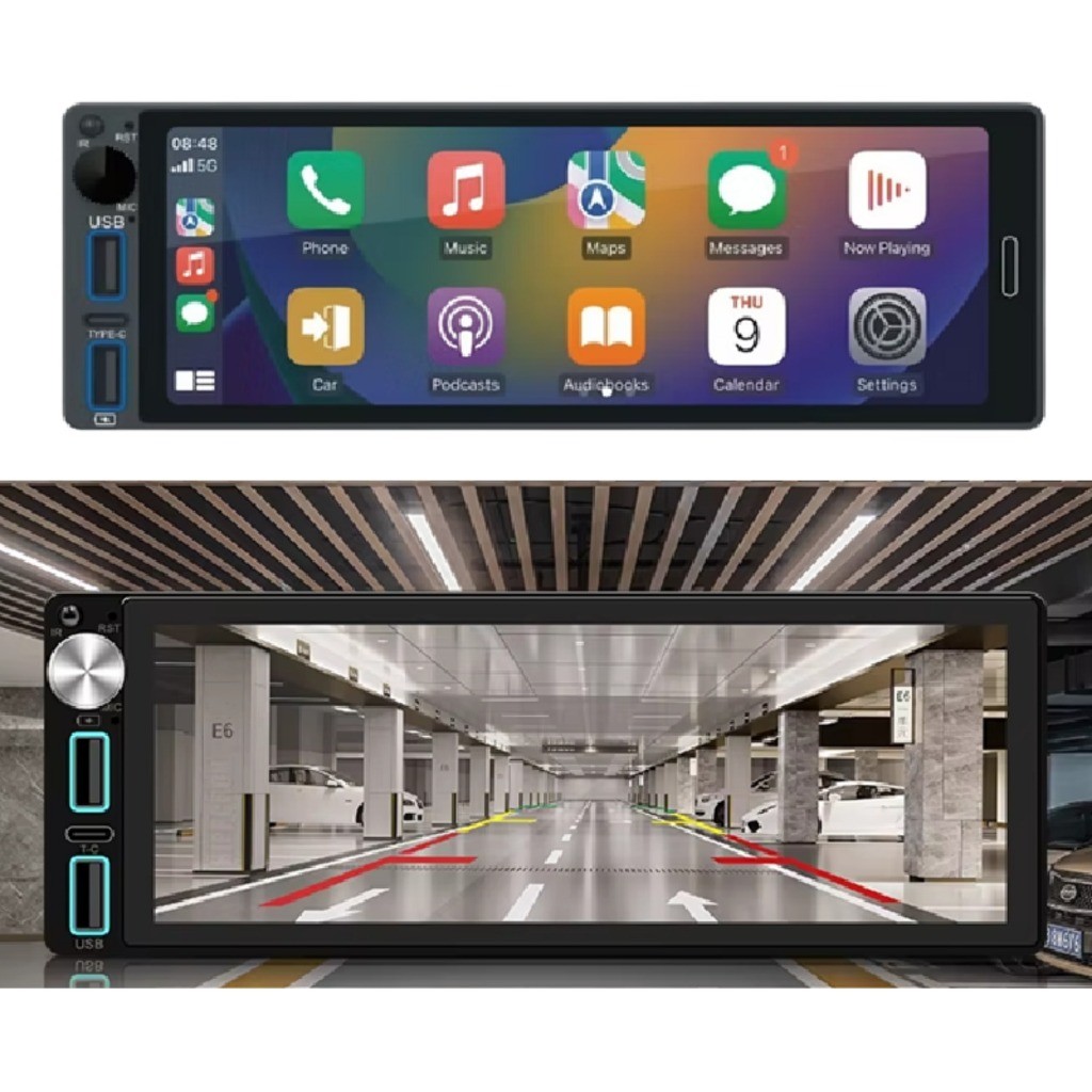 Central Multimídia 1Din 6.8 Pol, Android Auto, Carplay, Espelha Waze, Maps, Spotify, Bluetoot, USB-c