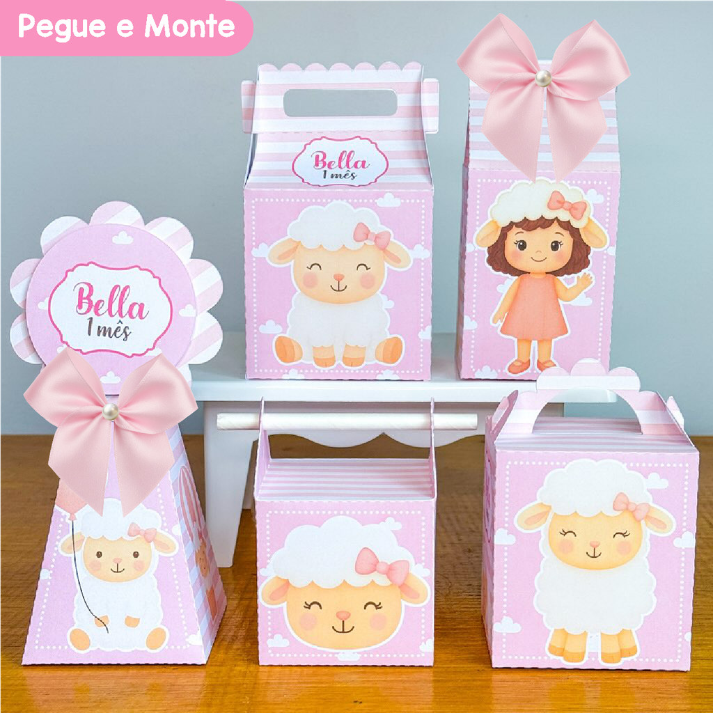 Kit Festa Ovelha Menina Ovelhinha Rosa | Personalizados | Lembrancinhas | Caixinhas para Festa | (Pegue e Monte)