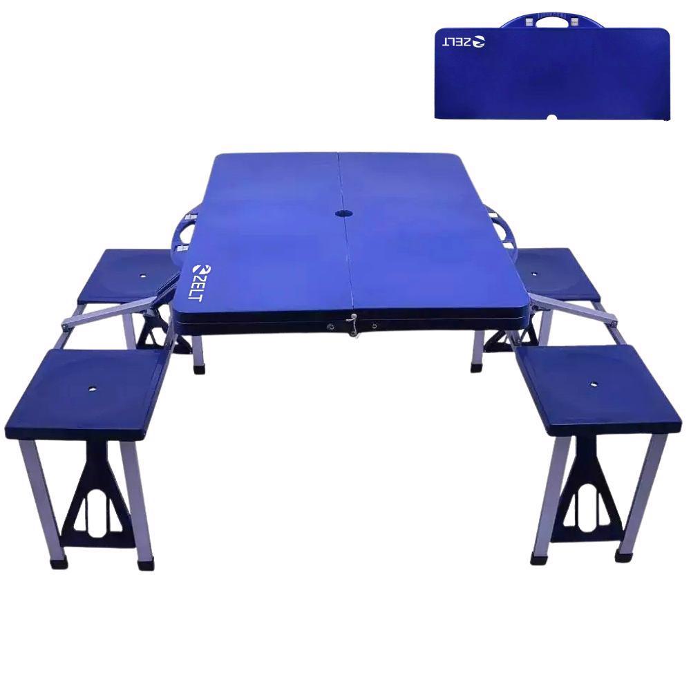 Mesa Camping Portátil Dobrável 136x65cm 4 Banquetas Tipo Maleta Azul Para Acampamento Pesca Passeio Viagem Praia ZELT em Oferta na Shopee