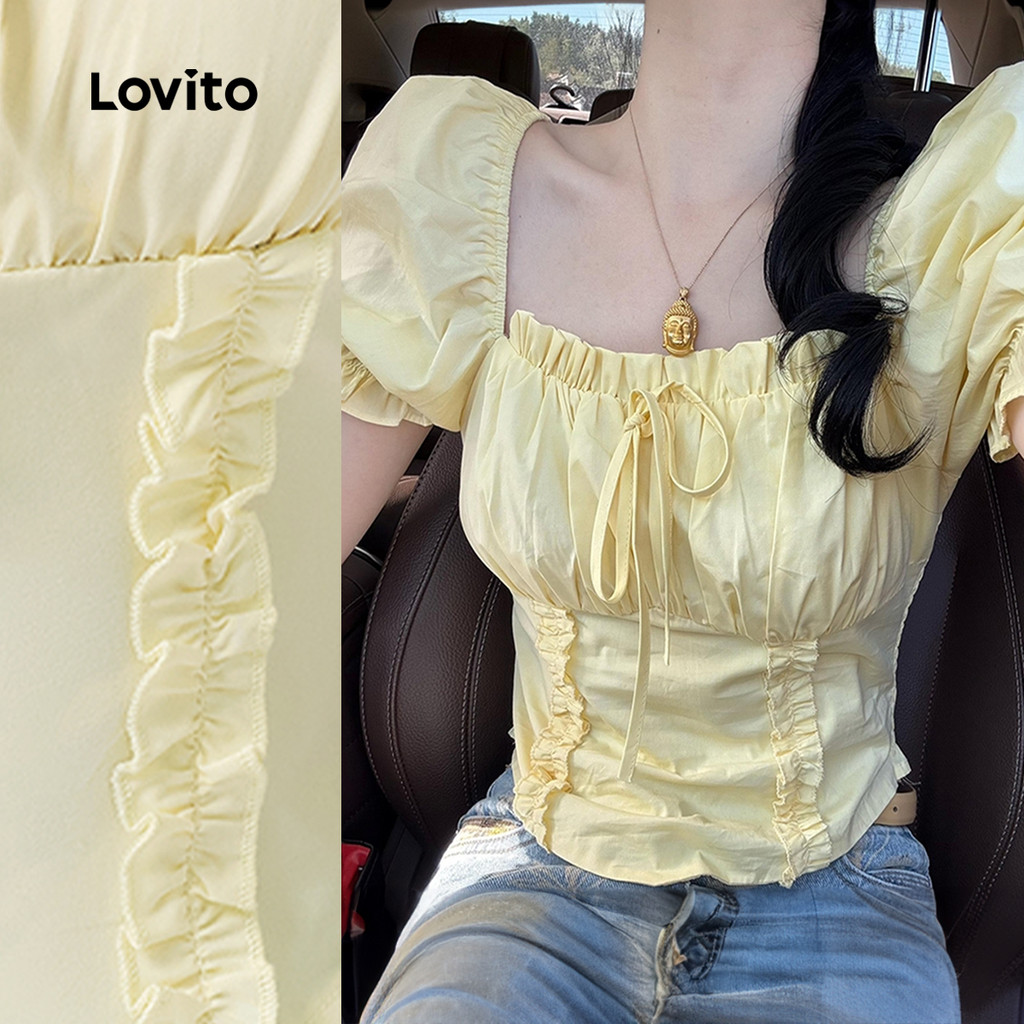 Lovito Blusa Casual De Férias Com Babados E Zíper Amarela Para Mulheres L154LD396 em Oferta na Shopee