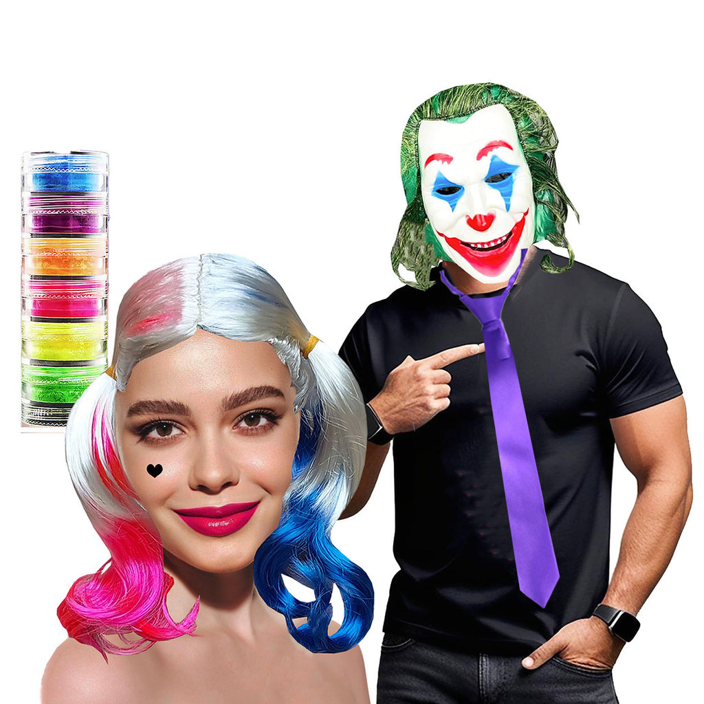 Kit Acessório Fantasia para Casal Halloween Carnaval Cosplay: Coringa + Arlequina = 4 Produtos
