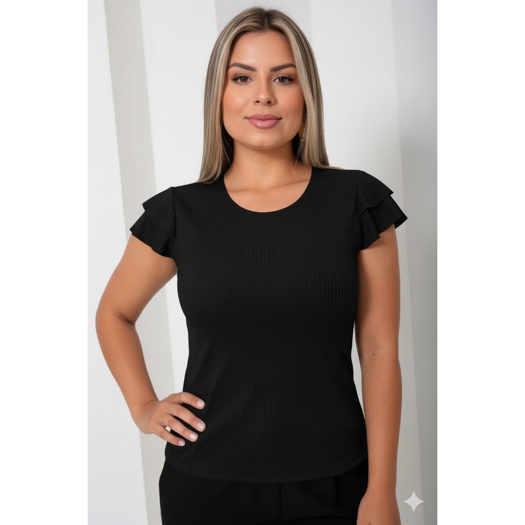 blusa feminina moda canelada manga curta duas marias babado versátil tendência