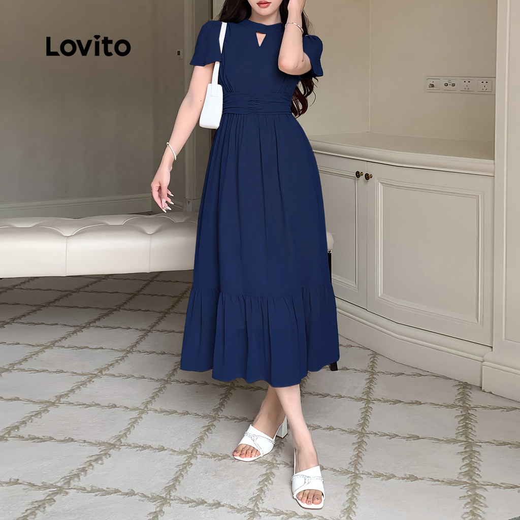 Detalhes do Lovito Refine Vestido de Estrutura com Pregas e Zíper para Primavera/Verão Azul Escuro L138ED337