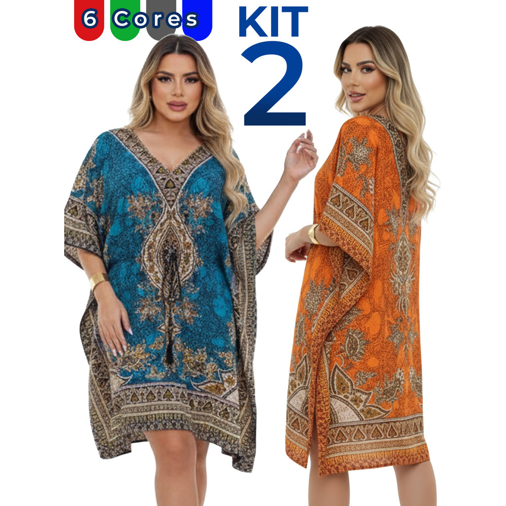 Kit 2 Kaftans Curtas Indianas Femininas – Saída de Praia Leve e Fresca, Tecido Poliéster Amplo, Verão 2025