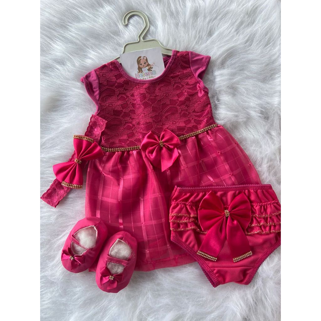Vestido Infantil  Menina bebê com 4 peças festa luxo 0 á 6 meses + calcinha bunda rica em Oferta na Shopee