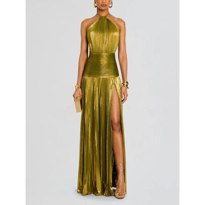 [Roupas femininas da moda] Roupas femininas europeias americanas cor de Metal plissada fenda renda halter vestido sem ma