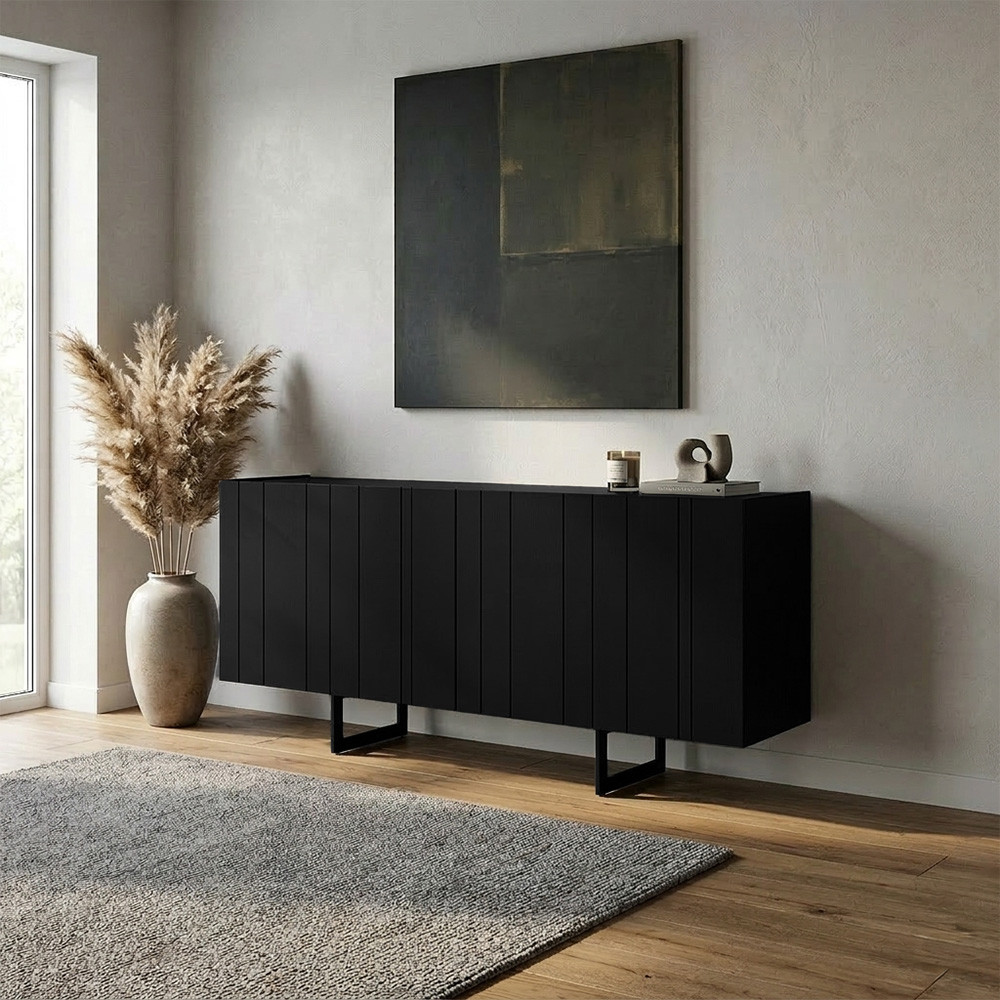 Aparador Buffet Para Sala de Jantar 4 Portas 180cm Pés Industrial Alina N01 Preto - Lyam Decor