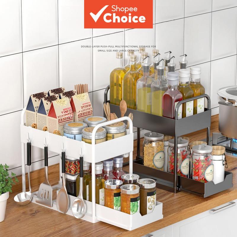 Organizador de Pia de 2 Níveis – Suporte de Utensílios de Cozinha, Gaveta Deslizante, Prateleira para Temperos, Armário