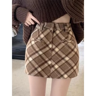 Saia xadrez cáqui feminina pequena outono inverno cintura alta mais magro olhar a linha saia Retro xadrez saia de lã xs