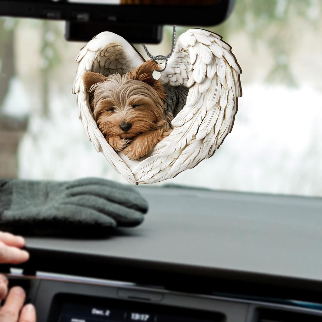 PLIGREAT Enfeite de Carro com Cachorro Fofo, Asas de Anjo Dormindo, Acessórios para Retrovisor, Charms de Madeira Yorkie