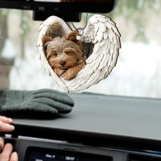 PLIGREAT Enfeite de Carro com Cachorro Fofo, Asas de Anjo Dormindo, Acessórios para Retrovisor, Charms de Madeira Yorkie