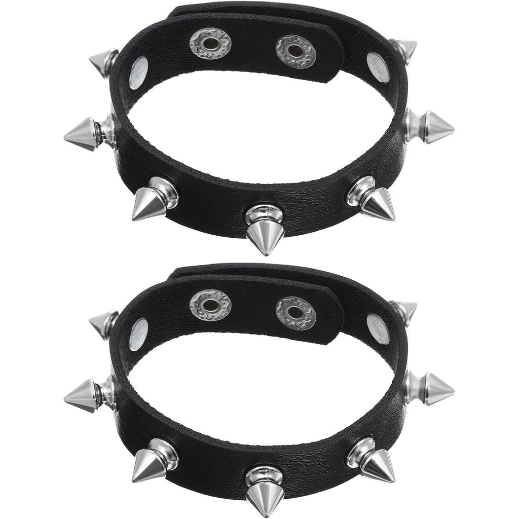 2 Pulseiras Punk Rock com Espigões, Pulseira Ajustável de Couro com Tachas, Pulseiras Pretas Estilo Emo, Joias Góticas p
