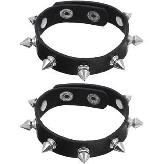 2 Pulseiras Punk Rock com Espigões, Pulseira Ajustável de Couro com Tachas, Pulseiras Pretas Estilo Emo, Joias Góticas p
