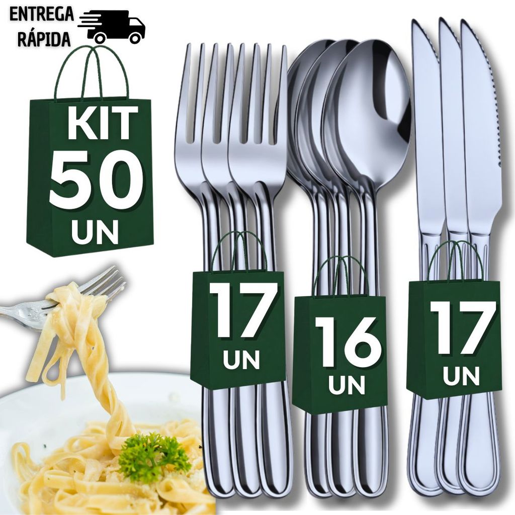 Kit 50 Talheres Inox Garfo Faca Colher Cozinha Restaurante Buffet Casa Bar Atacado Resistência Qualidade Utilidades