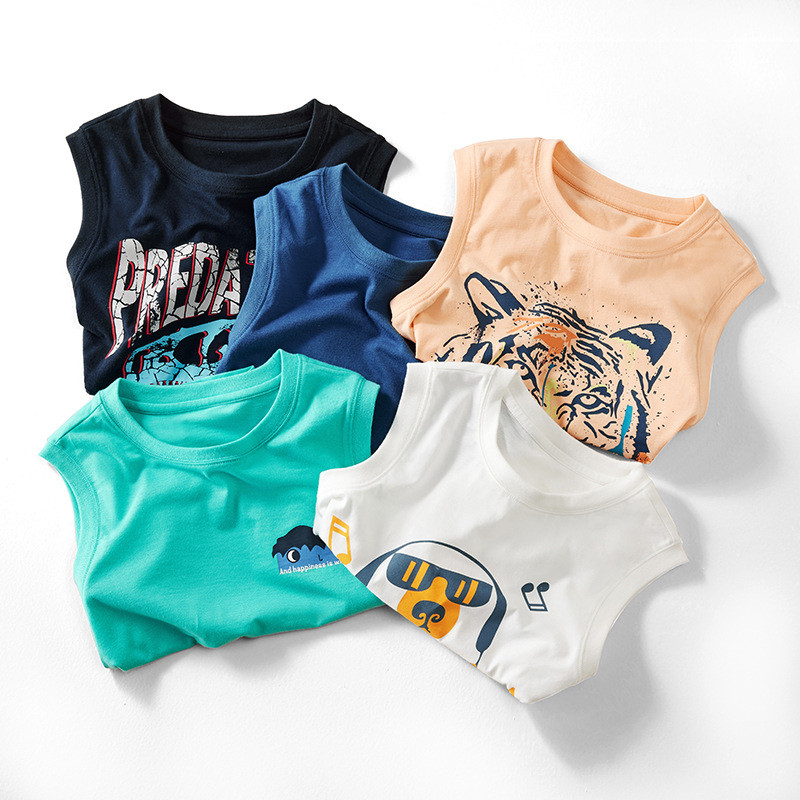 Crianças sem mangas colete camiseta meninos verão camisa de fundo meninos bebê puro algodão em torno do pescoço dos dese