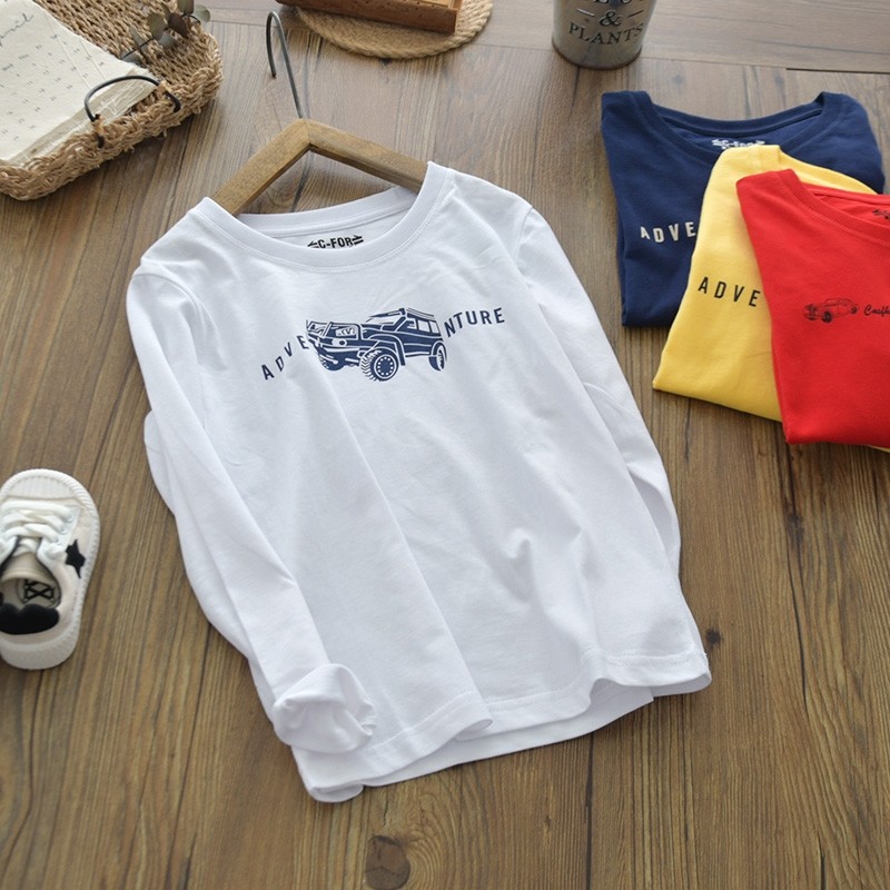 Crianças puro algodão manga comprida camisetas médio grande crianças meninos carro carta impressa inferior em torno do p