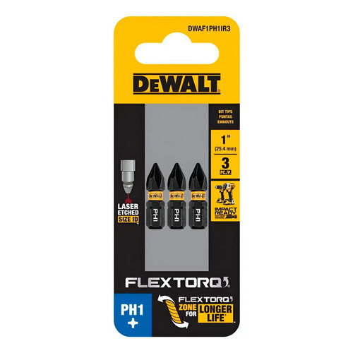 Kit 3 Bits Phillips DeWalt PH1 25mm Flextorq DWAF1PH1IR3 Ponta Aço Parafusadeira Impacto Profissional