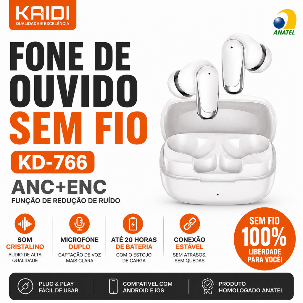 Fone Bluetooth KAIDI KD-766 ANC+ENC Sem Fio 4 Microfones Bluetooth 5.4