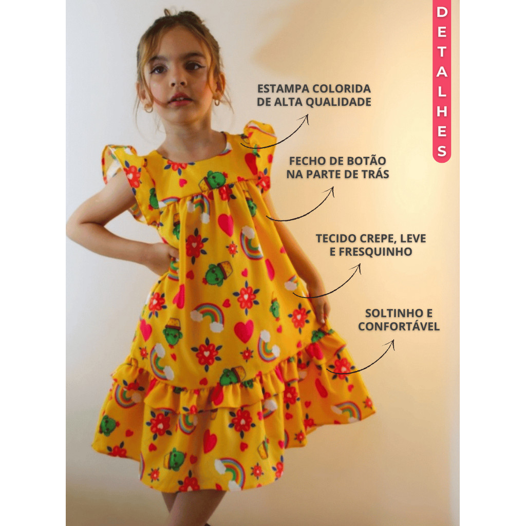 Vestido Infantil Feminino Menina Moda Estampado Blogueirinha Festa Alegria em Cada Passo