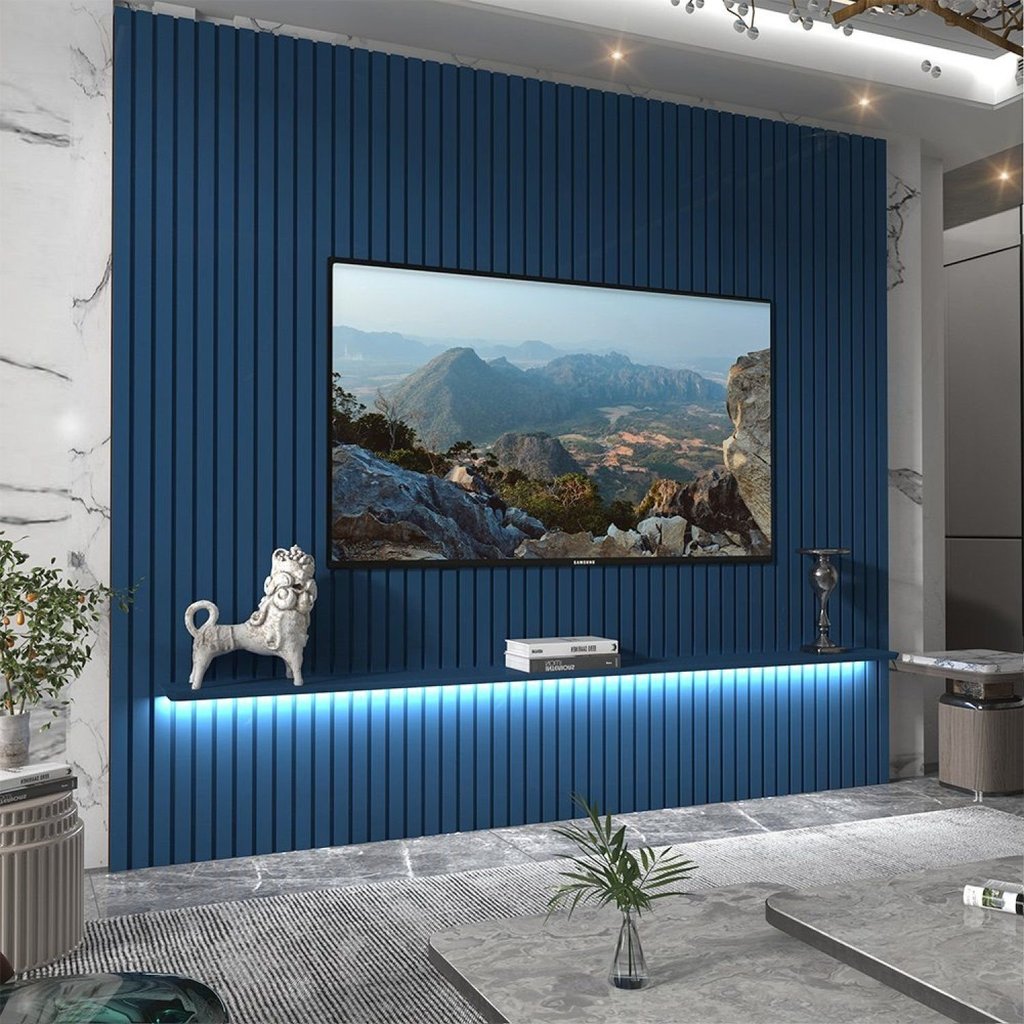 Painel Ripado para TV até 90 Polegadas com LED 100% MDF 230CMX250CM Nobre Azul Azul Royal