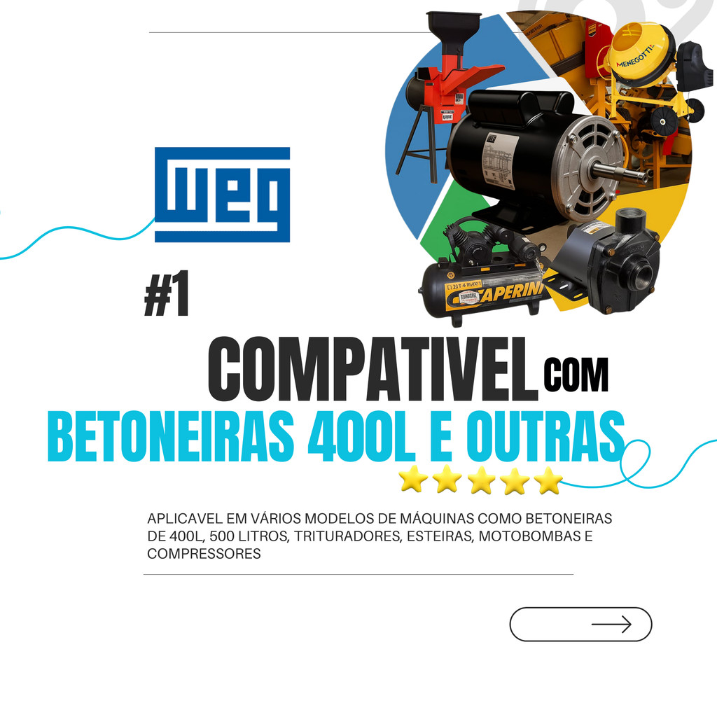 Motor Weg Para Betoneira Monofasico Bivolt 400 Litro 2cv Baixa Rotação 1800rpm 4 Polos Rotação Anti-Horaria Fixa — imagem 2 de 2