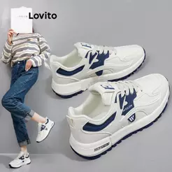 Lovito Branco Tênis Casuais Azul Esportivos Lisos E Confortáveis ​​para Pickleball Estilo Coreano Para Uso Diário E Atividades Ao Ar Livre Para Mulheres LFA45159