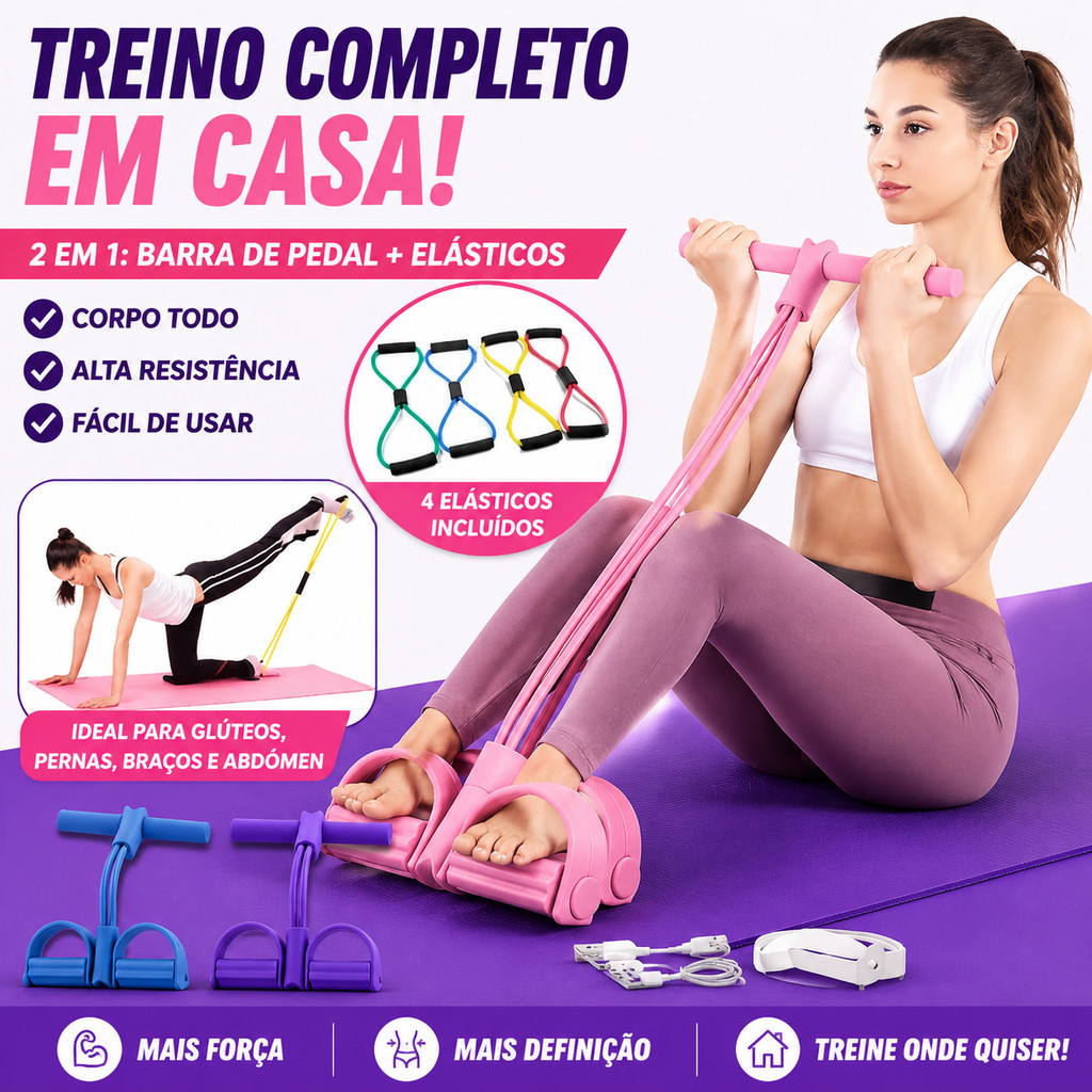 F4 KIT Elástico Extensor Para Exercícios Em 8 + Aparelho Fitness Para Abdominal Ginastica