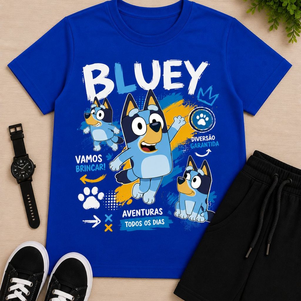 Conjunto Infantil Bluey Menino 100% Algodão Bermuda Moletinho Sucesso de Vendas Conjunto Bluey Camiseta Bermuda Menino