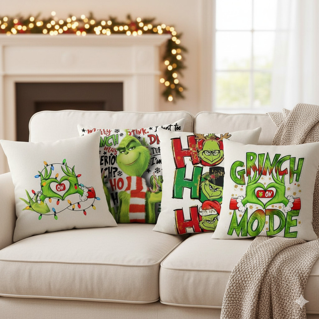 Kit 4 Capas Almofada Grinch Natal Tecido Micropercal Macio Com Zíper