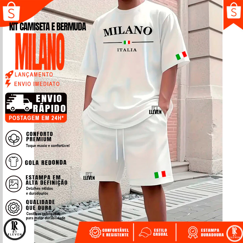 Conjunto Camiseta + Short Moletom Estampado Milano Itália Street Camiseta Malha Linha Premium + Short Mauricinho RT Elev — imagem 1