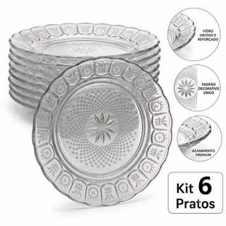 KIT 6 PRATOS FUNDO DESENHADO DE VIDRO