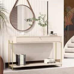 Aparador Curvo 1 Gaveta Pés e Puxador em Metal 100% MDF 121cm Tucupí Bege Off White/Dourado