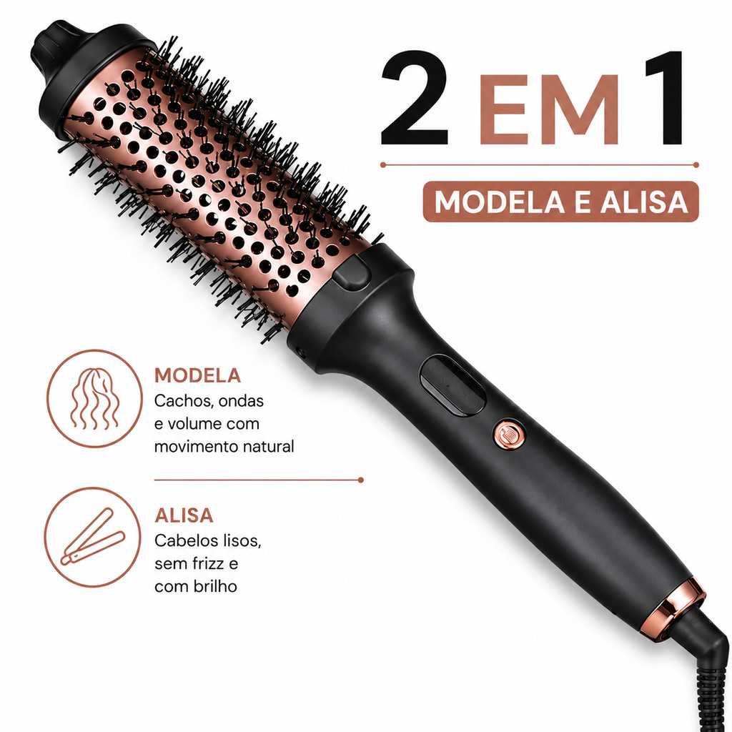 Escova Modeladora Alisadora 2 em 1 Alisa e Modela 38mm Íons Negativos Bivolt LCD Cabelo de Salão Profissional