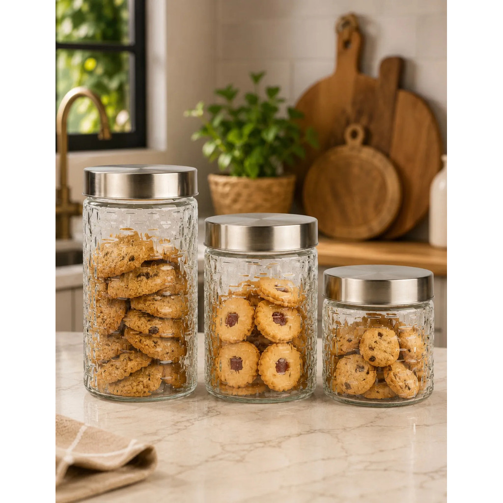 Conjunto Kit 3 Potes De Vidro Com Tampa Inox Hermético Para Mantimentos Cozinha Organizador Geladeira Armário