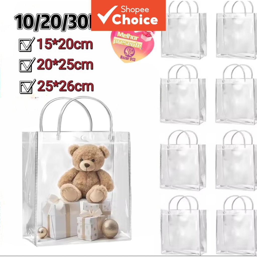  Sacos de Presente de PVC Transparente 20x25x7cm Bolsas Transparentes Com Alça Embalagem Durável e Reutilizável de